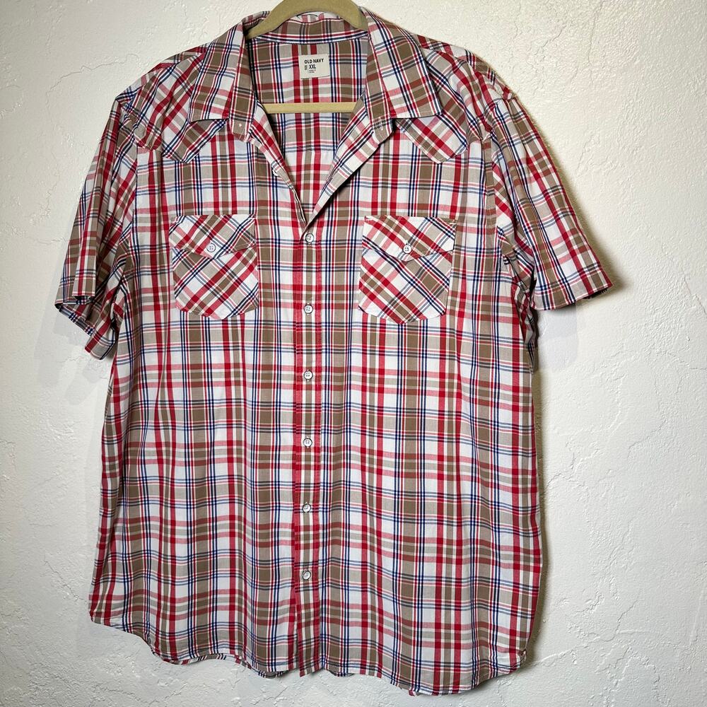 Old Navy Size XXL Plaid Button Down Red Khaki Blue 100% Cotton Metal Buttons